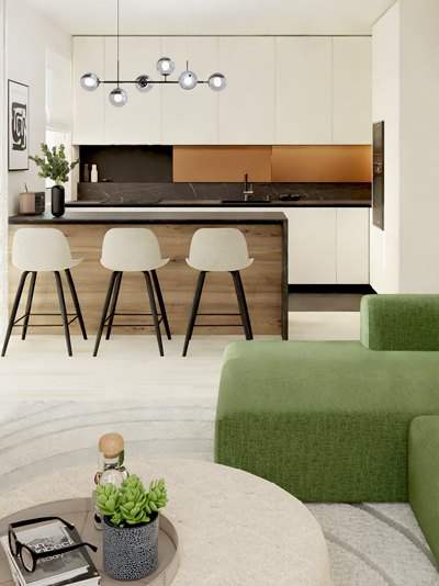 open kitchen-living room design with kitche island