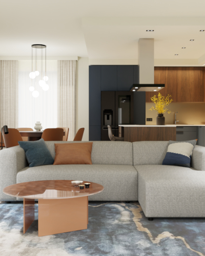 open plan kitchen living dining room with dark blue kitchen