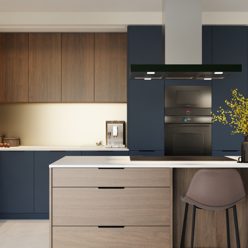 kitchen with matt dark blue cabinets