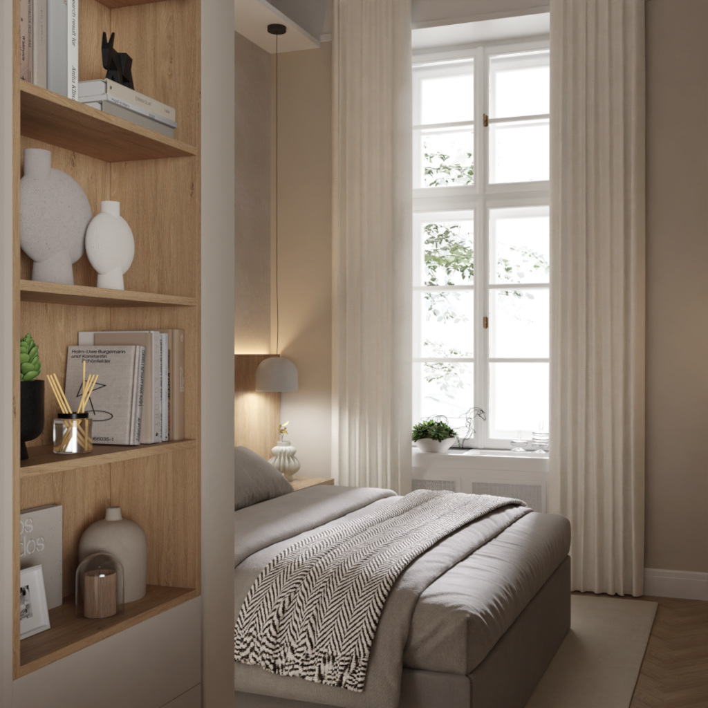 meleg minimál stílusú hálószoba